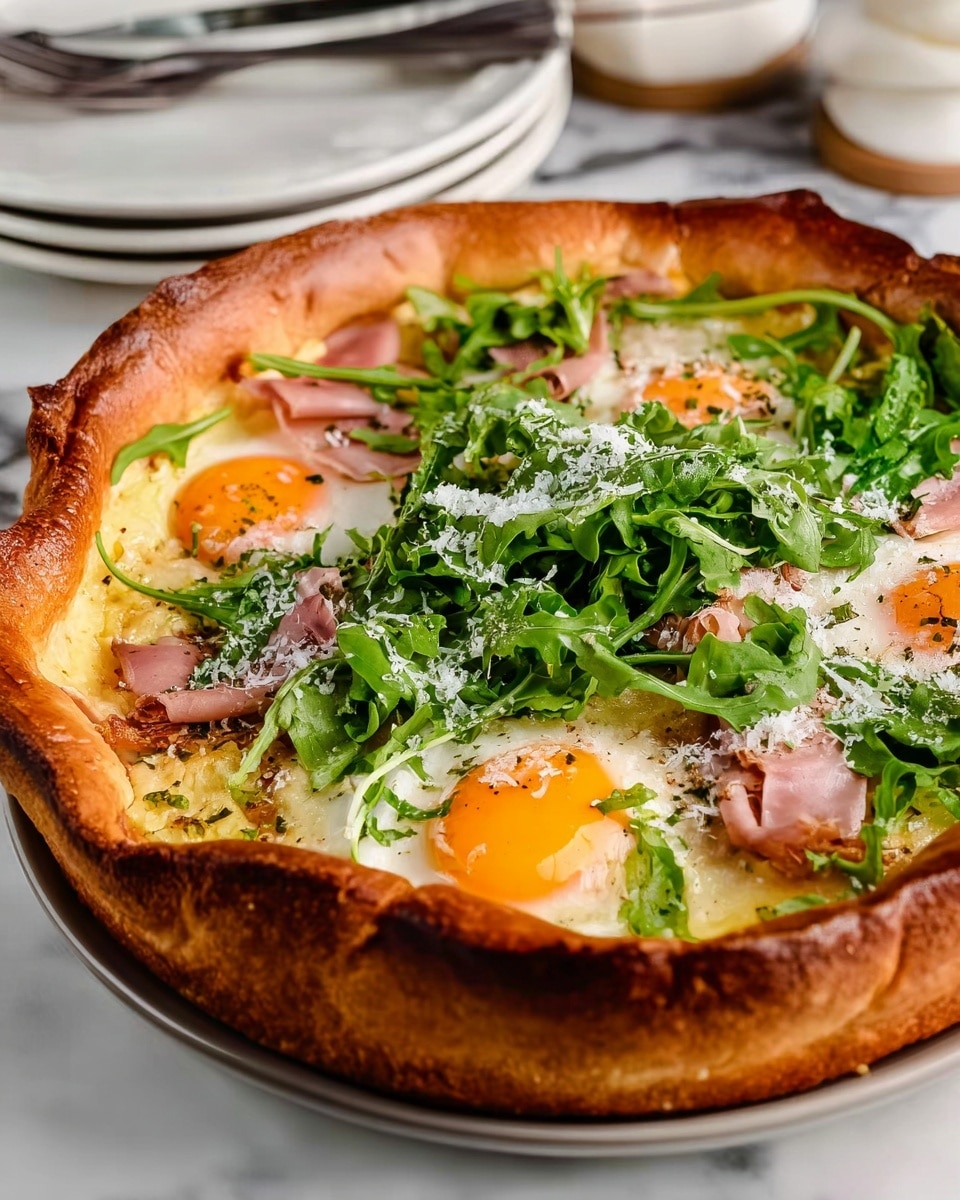 The dish is a deep, round baked pie with a thick, golden brown crust that rises high around the edges, forming a sturdy border. Inside, there are three visible sunny side up eggs with bright orange yolks and soft whites. Scattered around and partly under the eggs are thin slices of light pink ham. On top, there is a generous layer of fresh green arugula leaves, adding a fresh texture. Light white grated cheese is sprinkled all over the arugula, eggs, and ham, creating a slight powdery effect. The dish sits on a white plate, placed on a white marbled surface, with some blurred plates and cutlery visible in the background. Photo taken with an iphone --ar 4:5 --v 7