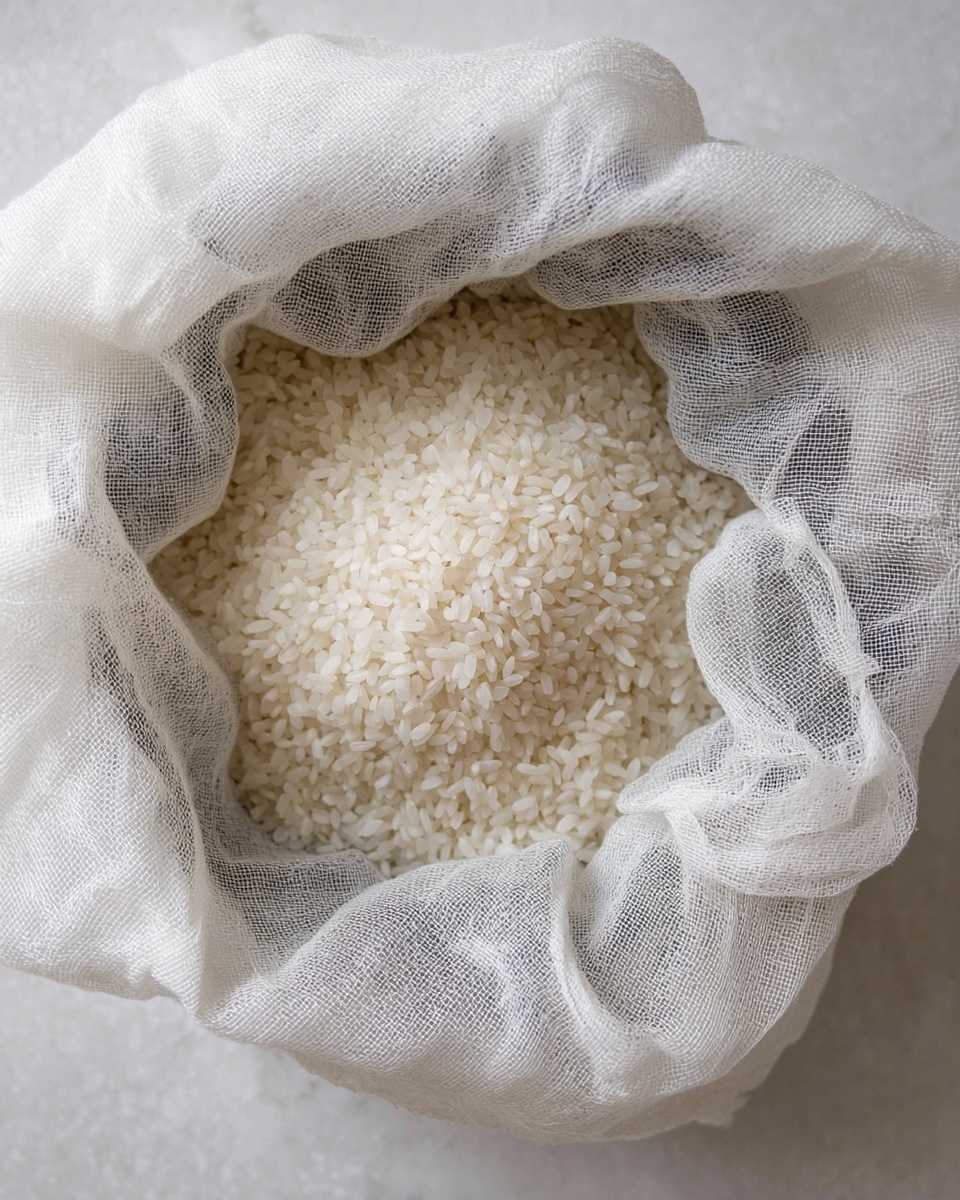 A close-up view of a pile of short white rice grains resting inside soft white cheesecloth that forms loose folds around the rice, creating a basket-like shape. The texture of the rice is smooth and slightly shiny, with individual grains visible in detail, nestled in the center of the cloth. The background and surface are a white marbled texture, soft and bright, adding a clean and simple look to the scene. Photo taken with an iphone --ar 4:5 --v 7
