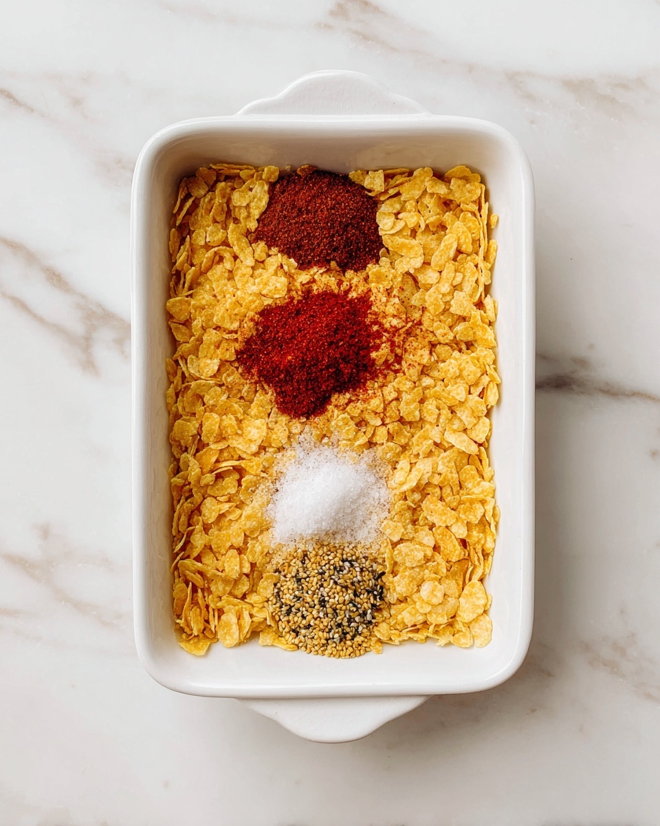 A white rectangular dish filled with a base layer of crushed corn flakes in a light golden-yellow color. On top, four small piles of spices sit near the center: one deep red powder, one bright white granulated salt, one mix of black and yellow mustard seeds, and another reddish-brown powder, all arranged in a neat row over the corn flakes. The dish rests on a white marbled surface. Photo taken with an iphone --ar 4:5 --v 7