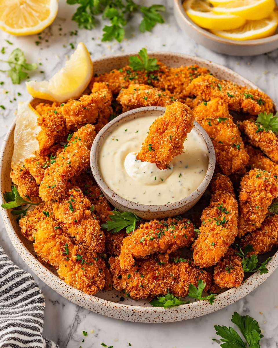 A round speckled beige plate is filled with many crispy fried chicken strips, showing a rough golden orange crunchy coating with small green herb bits sprinkled on top. In the middle of the plate, there is a smaller round bowl with thick creamy white dipping sauce, and one chicken strip is dipped into it. Around the plate, there are some lemon wedges, green leafy herbs, and a bowl of extra lemon wedges in the background on a white marbled surface. A striped cloth napkin and some scattered parsley add detail to the scene photo taken with an iphone --ar 4:5 --v 7