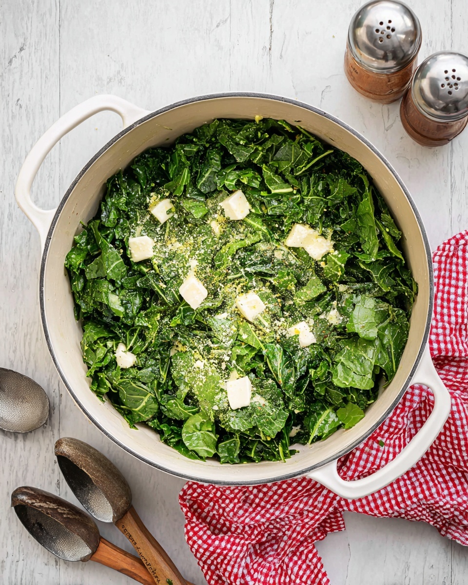 A large white pot filled with a single layer of bright green chopped leafy greens, sprinkled with light yellow seasoning and dotted with small white soft butter pieces on top, all set on a white marbled surface; to the top right is a pepper shaker, and the bottom part of the image shows three metal scoops with wooden handles and a red and white checkered cloth photo taken with an iphone --ar 4:5 --v 7