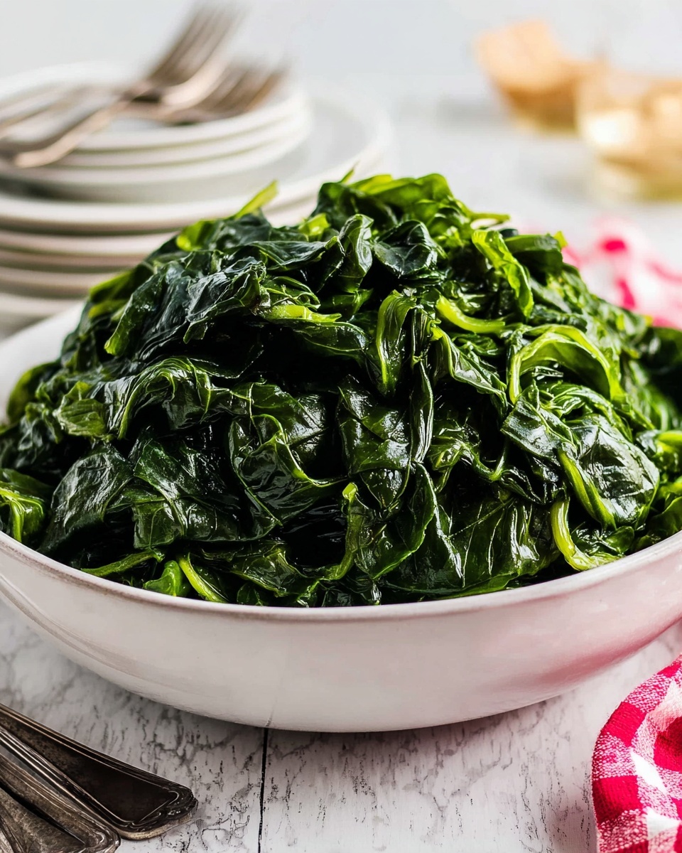 A large white bowl filled with a tall, loose pile of cooked dark green leafy vegetables, showing the wrinkled and slightly shiny textures of the leaves stacked high. The bowl sits on a white marbled surface, with a hint of blurred background details like stacked white plates with two silver forks on the left and a red and white checkered cloth on the lower right. The overall image focuses on the rich green leaves in contrast with the smooth white bowl and marbled surface, showing a natural, fresh look. photo taken with an iphone --ar 4:5 --v 7