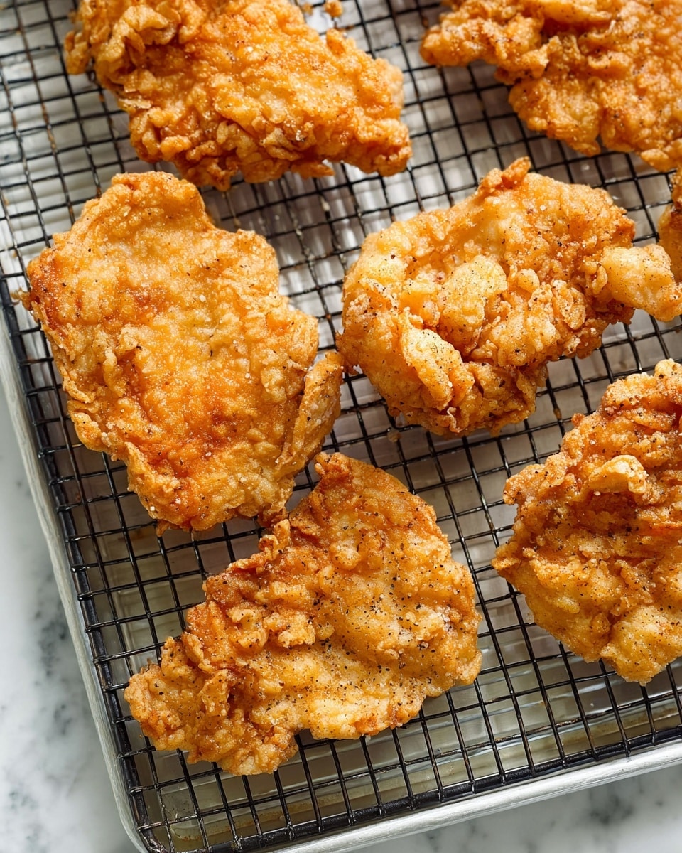 Several pieces of golden brown fried chicken sit on a black wire cooling rack, allowing their crispy, textured breading with visible seasoning specks to stand out. The chicken pieces have uneven, crinkled edges and vary slightly in size and shape, creating a natural, homemade look. The wire rack rests on a silver tray, all placed on a white marbled surface, giving a clean and bright background. photo taken with an iphone --ar 4:5 --v 7