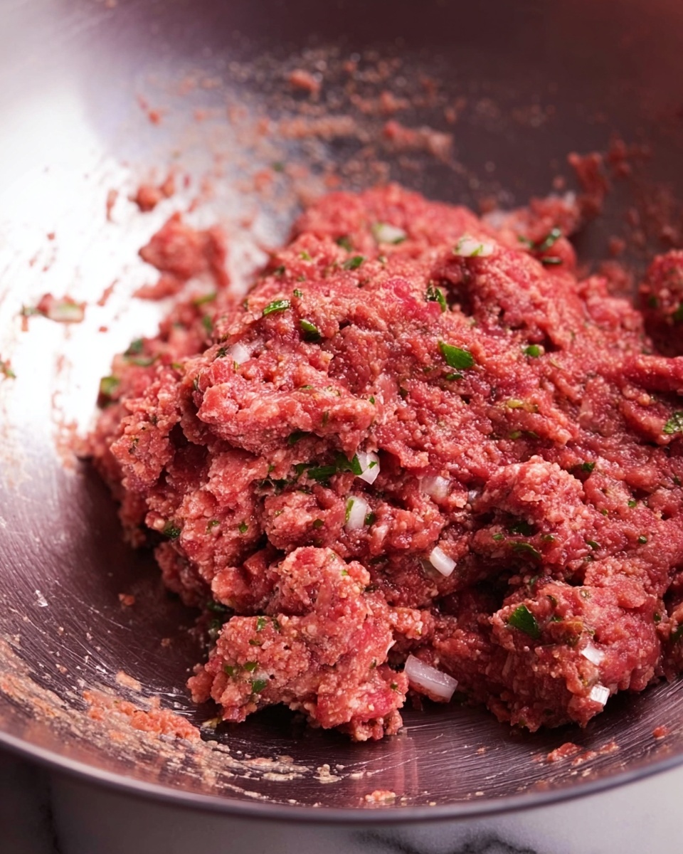 A close-up view of raw ground meat mixed with small green herbs and tiny bits of white onion in a large silver metal bowl. The raw meat mixture has a coarse texture with visible spices and herbs scattered throughout, showing a mix of reddish and pink tones with some shiny, moist areas. The silver bowl has a smooth and slightly reflective surface with a few smudges of meat paste around the edges, set against a white marbled background. Photo taken with an iphone --ar 4:5 --v 7