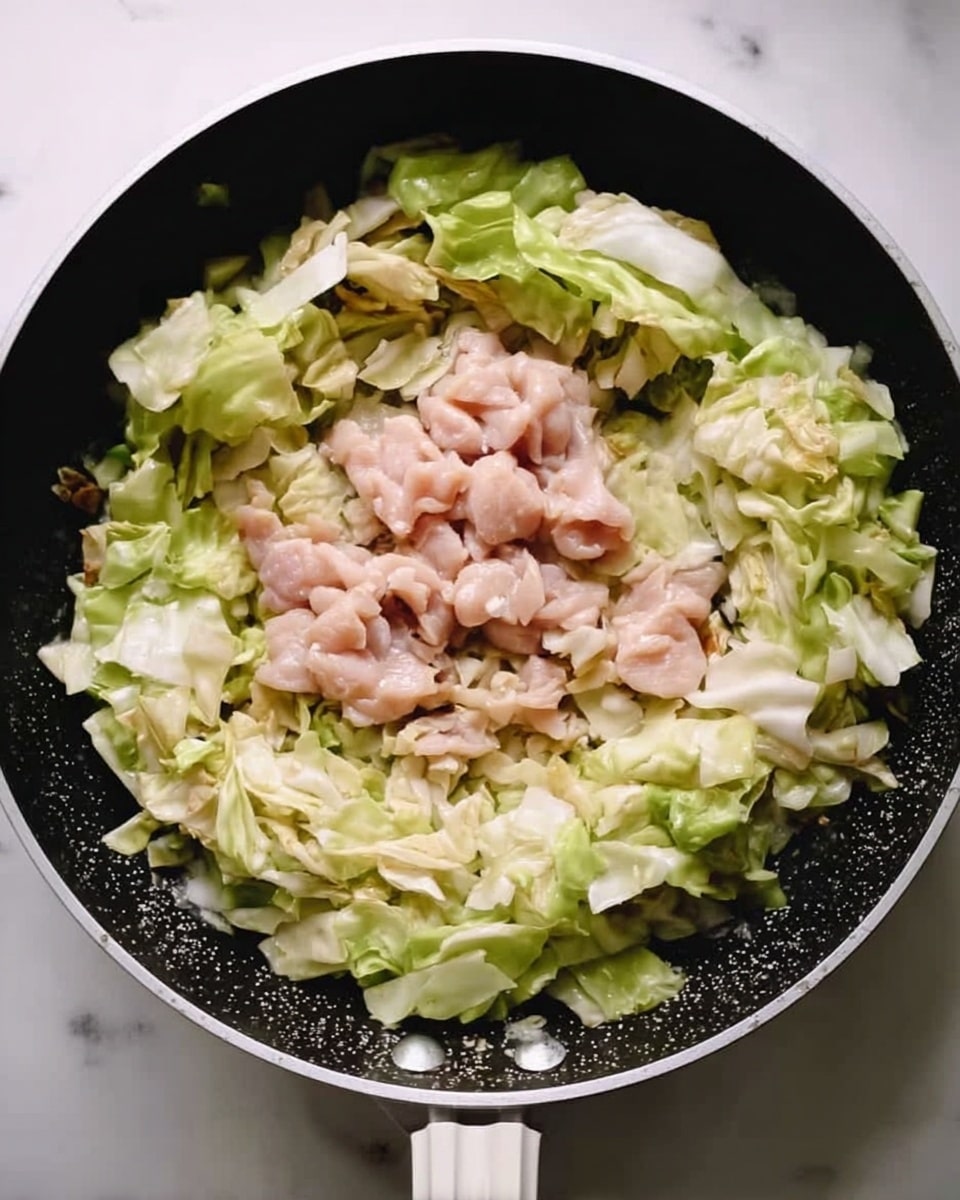 A top-down view of a white frying pan with a black inside surface showing light speckles, placed on a white marbled surface. The pan holds roughly chopped, light green cabbage spread evenly along the edge in a ring shape, surrounding the center, which has small pieces of raw pale pink chicken piled together. The cabbage looks lightly cooked with hints of browning. photo taken with an iphone --ar 4:5 --v 7