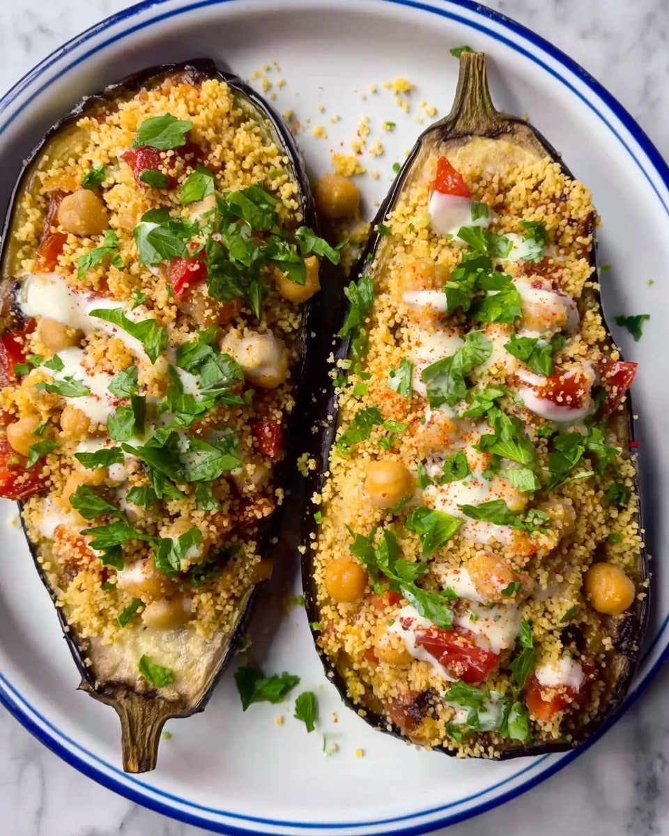 The image shows two large eggplant halves placed side by side on a white plate with a blue rim, resting on a white marbled surface. Each eggplant half is topped with a thick layer of golden couscous mixed with visible pieces of chickpeas and small red tomato chunks. The couscous layer is sprinkled with fresh green parsley leaves and is lightly drizzled with a creamy white sauce. The eggplant skin around the edges is deep purple and slightly charred, contrasting with the colorful toppings. photo taken with an iphone --ar 4:5 --v 7
