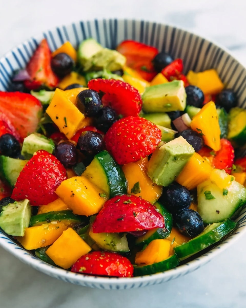This image shows a close-up of a colorful fruit and vegetable salad in a white bowl with a blue stripe pattern on the inside. The salad has several layers made up of bright red strawberries, purple blueberries, deep green cucumber pieces, light green avocado cubes, and orange mango chunks, all mixed together. The fruits and vegetables have a fresh and juicy look, with smooth and shiny textures. The bowl sits on a white marbled surface that contrasts softly with the vibrant colors of the salad. photo taken with an iphone --ar 4:5 --v 7