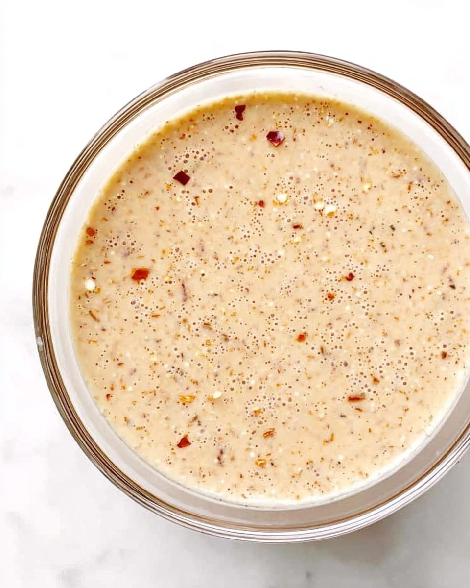 A clear glass bowl filled with a creamy, light beige sauce that has small red chili flakes and fine black pepper specks mixed throughout. The sauce looks smooth with some tiny bubbles on the surface, filling the bowl almost to the top. The bowl sits on a white marbled surface, and the image is bright and clean. Photo taken with an iphone --ar 4:5 --v 7