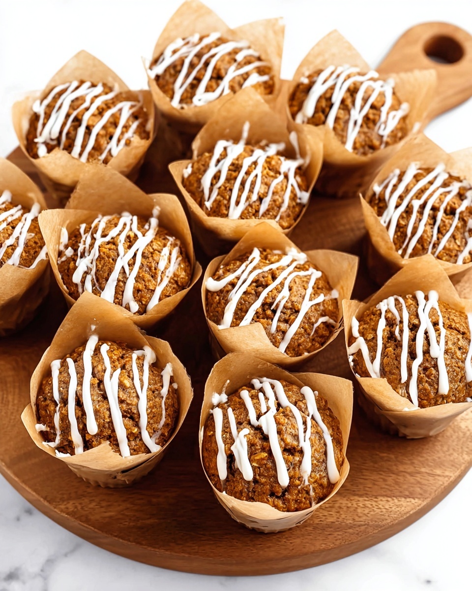 There are twelve brown muffins with a rough texture on top, each wrapped in light brown parchment paper that folds around the sides. On top of each muffin, there is a white drizzle in a zigzag pattern, adding contrast to the darker muffin surface. All muffins are placed closely together on a round wooden board with a handle, and the whole scene is set on a white marbled surface. photo taken with an iphone --ar 4:5 --v 7