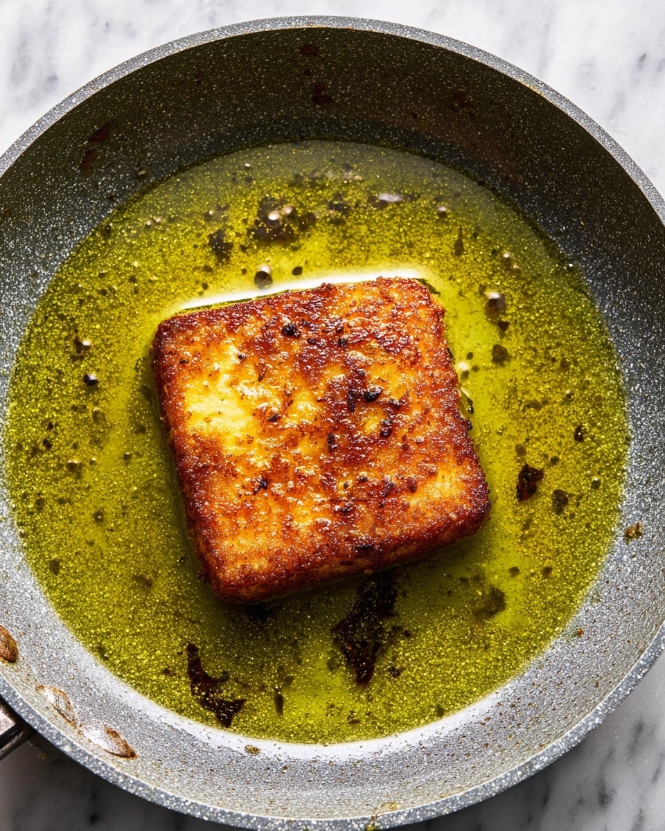 A single square piece of food with a golden brown, crispy texture is frying in a pan. The surface of the food has a crunchy look with darker brown spots. The pan contains greenish-yellow oil that shimmers and has a few small dark bits scattered around. The pan itself is grey with a stone-like texture. The background is a white marbled surface. photo taken with an iphone --ar 4:5 --v 7
