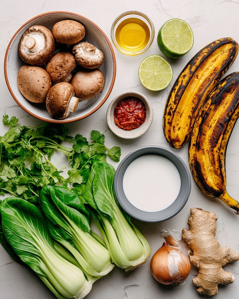The image shows a flat lay of fresh ingredients on a white marbled surface. On the top left, a white bowl with a brown rim holds multiple brown mushrooms with smooth caps. Nearby, there are two lime wedges with bright green flesh positioned next to a small white bowl containing golden liquid. Two garlic cloves sit below the bowl, close to a small gray bowl full of red chili paste. To the right, two roasted plantains with blackened and yellow skins lie next to sprigs of fresh green cilantro. Bottom left features a large bunch of vibrant green bok choy with crisp leaves. In the middle bottom, a gray bowl filled with white coconut milk contrasts with the warm colors around it. Next to it are a piece of fresh ginger root with a knobby light brown exterior and a shiny brown shallot. photo taken with an iphone --ar 4:5 --v 7