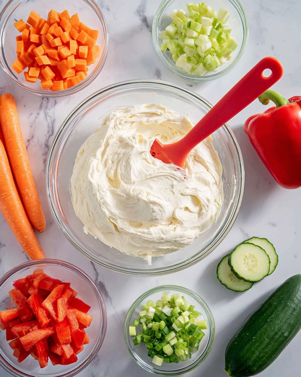 A clear glass bowl filled with a thick, creamy white mixture sits in the center on a white marbled surface, with a red silicone spatula resting inside, showing the smooth texture of the cream. Surrounding the bowl are five small clear glass bowls arranged in a rough circle: diced orange carrots in the top left bowl, light green chopped celery in the top right bowl, bright green sliced scallions in the bottom left bowl, and finely chopped red bell pepper in the bottom right bowl. Near the top left are three whole orange carrots, and to the top right are a half cucumber and three cucumber slices. A whole red bell pepper is placed to the bottom right, completing the fresh vegetable arrangement. photo taken with an iphone --ar 4:5 --v 7