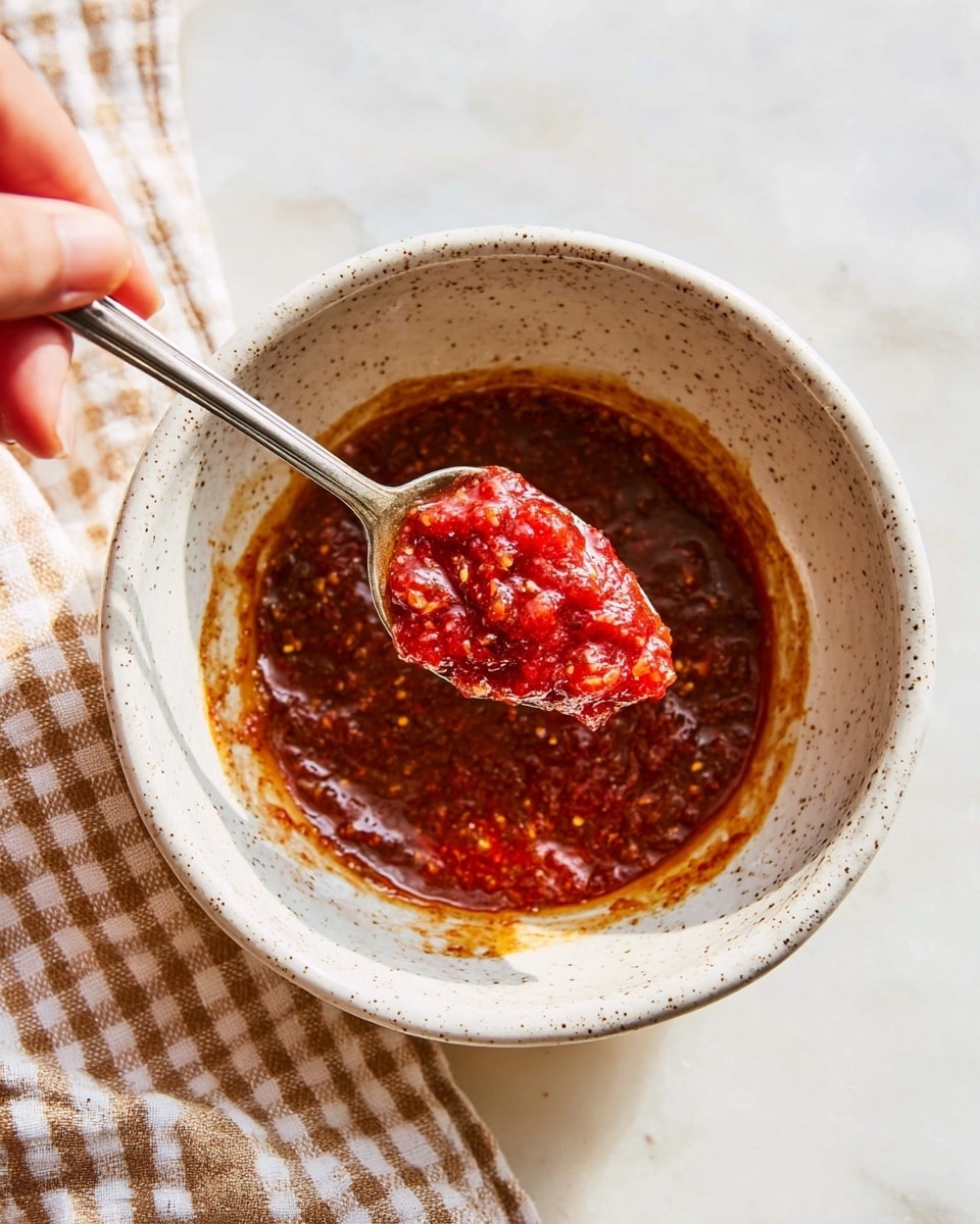 A close-up view of a white speckled bowl filled with a reddish-brown sauce that looks textured and thick. Inside the bowl, a silver spoon is held by a woman's hand from the top left corner, lifting a bright red, chunky sauce that contrasts with the darker sauce in the bowl. The bowl sits on a white marbled surface, and the light highlights the glossy and grainy textures of the sauces. A beige and white checkered cloth is partially visible at the bottom left edge of the image. Photo taken with an iphone --ar 4:5 --v 7