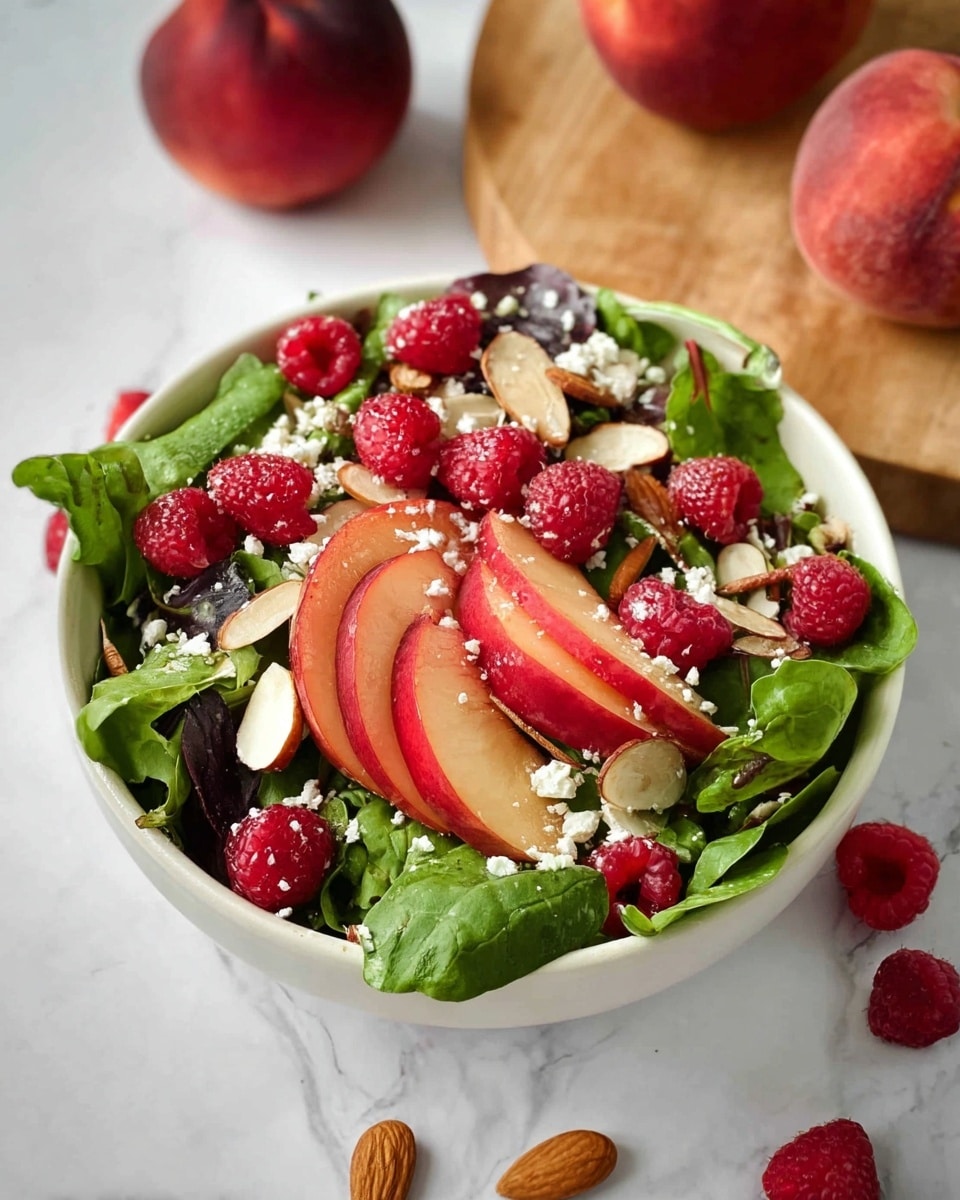 A white bowl filled with a fresh salad sits on a white marbled surface. The salad has layers starting with green leafy spinach and mixed greens at the bottom, topped with several thick slices of reddish-pink peach arranged evenly. Bright red raspberries are scattered on top, adding a pop of color. Thinly sliced almonds and small white crumbles of cheese are sprinkled over the fruits and greens. Around the bowl, two whole peaches and a wooden round cutting board are partially visible in the background. Photo taken with an iphone --ar 4:5 --v 7