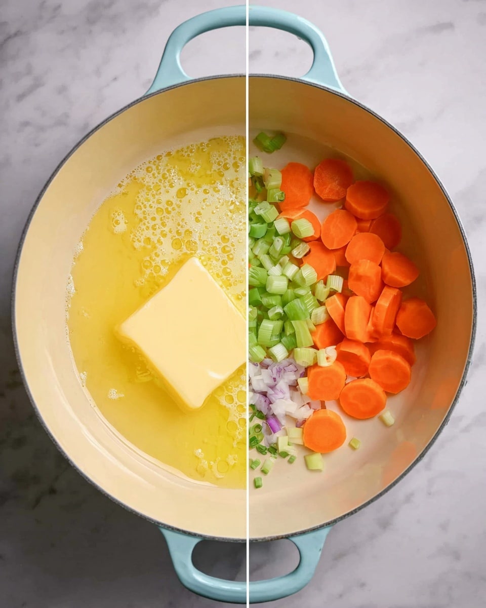 The image shows a white enameled pot with light blue handles on a white marbled surface. In the first layer, there is a melting yellow square of butter at the center, creating a shiny pool with small bubbles on the beige interior of the pot. In the second layer, the butter is partially melted with bright orange slices of carrot on the right side and chopped green celery and white and purple parts of green onion mixed on the left side of the pot's interior, all sitting on the glossy butter base. photo taken with an iphone --ar 4:5 --v 7