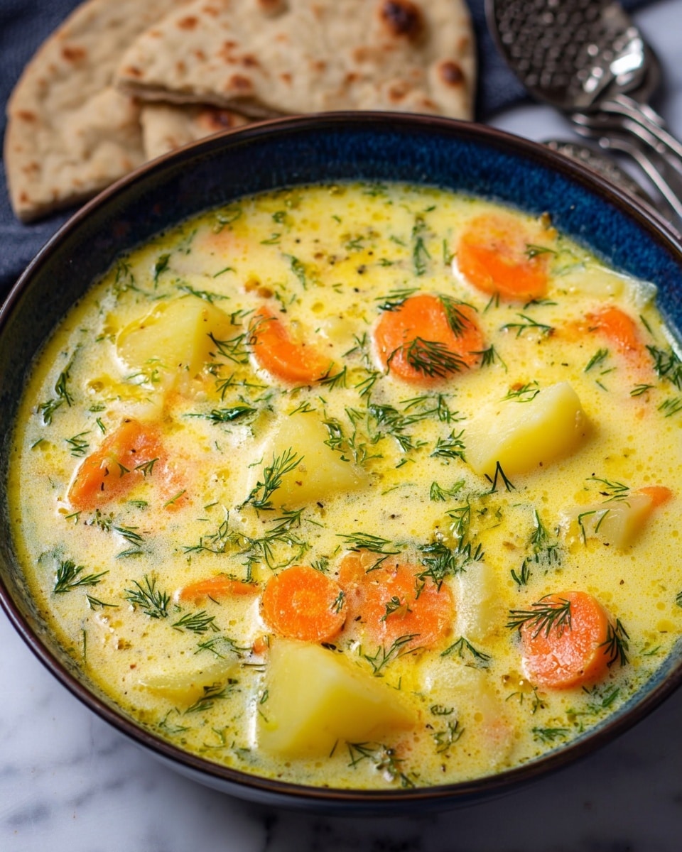A bowl of creamy soup filled with several chunks of yellow potatoes and round slices of bright orange carrots, mixed with small green dill leaves scattered on top throughout the soup. The soup has a smooth yellowish broth with a slightly frothy texture. The deep white bowl has a dark blue inner rim and edges, placed on a white marbled surface. Behind the bowl, there are pieces of flatbread leaning against it, light brown in color and textured. A woman's hand holds a silver grater on the right side of the frame, partially visible. Photo taken with an iphone --ar 4:5 --v 7