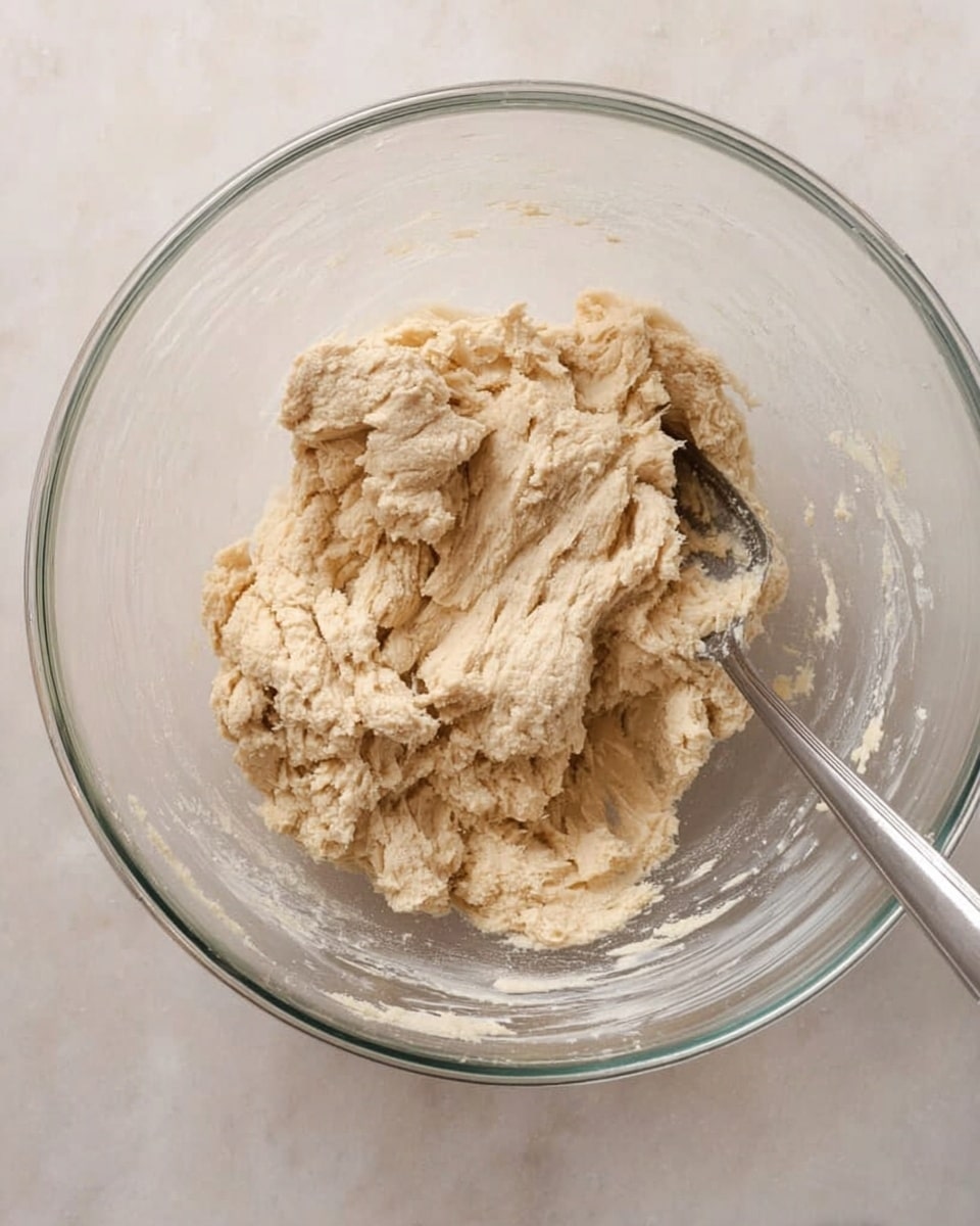 A clear glass mixing bowl filled with a rough, sticky light beige dough resting against the inner sides. The dough appears uneven and clumped, showing a textured surface with some ridges and folds. A metal spoon is partially buried in the dough, with the handle leaning slightly upwards. The bowl sits on a white marbled surface. photo taken with an iphone --ar 4:5 --v 7