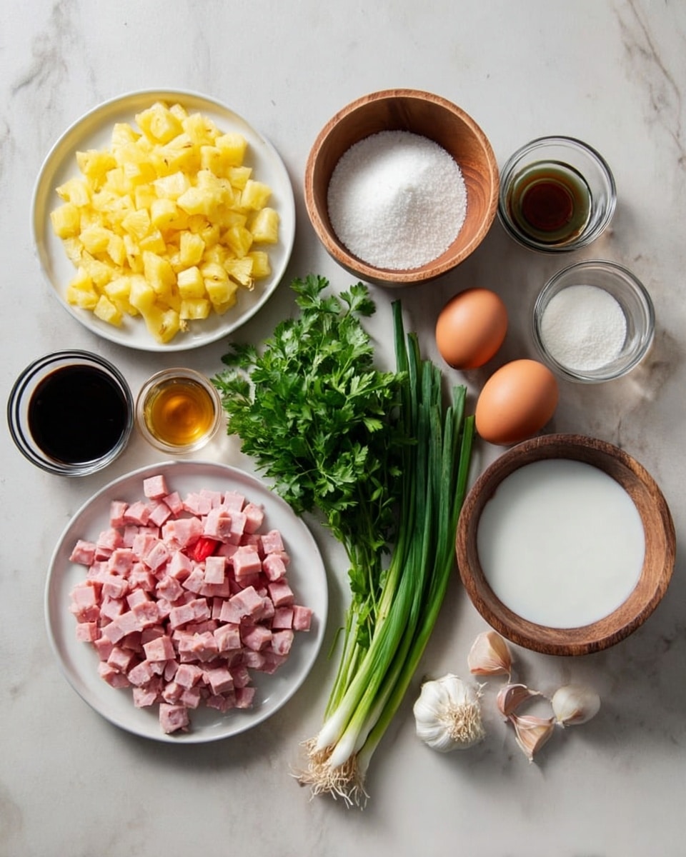 The image shows various ingredients neatly placed on a white marbled surface. There is a white plate filled with bright yellow chopped pineapple pieces on the left, next to a white bowl holding white granulated sugar. In front of these is a white plate filled with small cubes of pink ham. To the right of the ham is a cluster of fresh green herbs, including parsley and spring onion, positioned near two brown eggs and a small clove of garlic. Behind the eggs is a wooden bowl and small glass containers holding dark brown and clear liquids, along with a larger bowl containing a white powdery ingredient, possibly coconut milk or cream. The colors and textures create a neat and fresh arrangement. photo taken with an iphone --ar 4:5 --v 7
