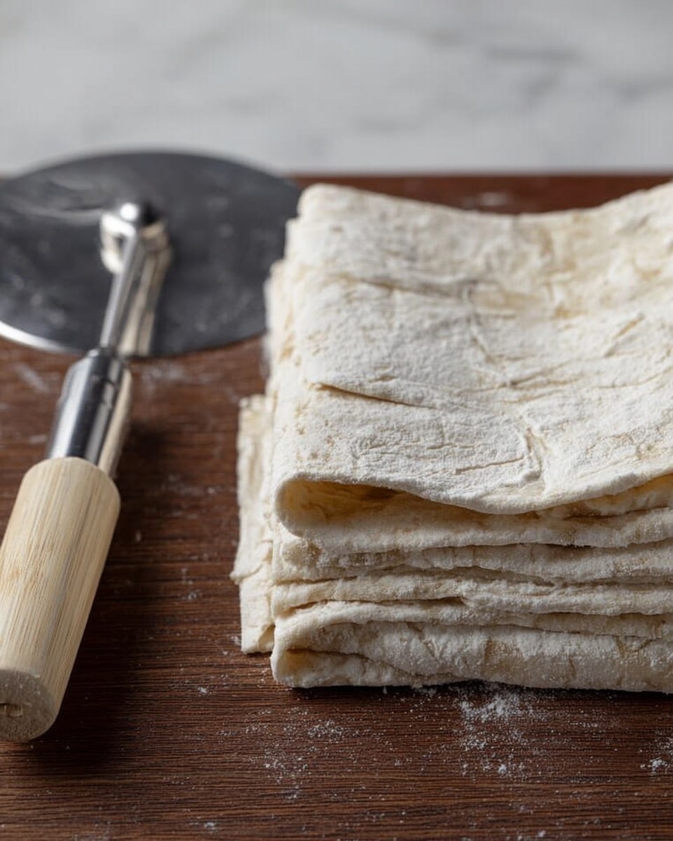 A stack of thin, square sheets of uncooked flatbread dough folded neatly in layers, each layer showing a pale beige color with light patches of flour dusted on top. The dough looks soft and slightly textured with some creases. To the left of the dough stack is a shiny metal pizza wheel cutter with a wooden handle resting on a dark wooden surface, all placed on a white marbled texture background. photo taken with an iphone --ar 4:5 --v 7