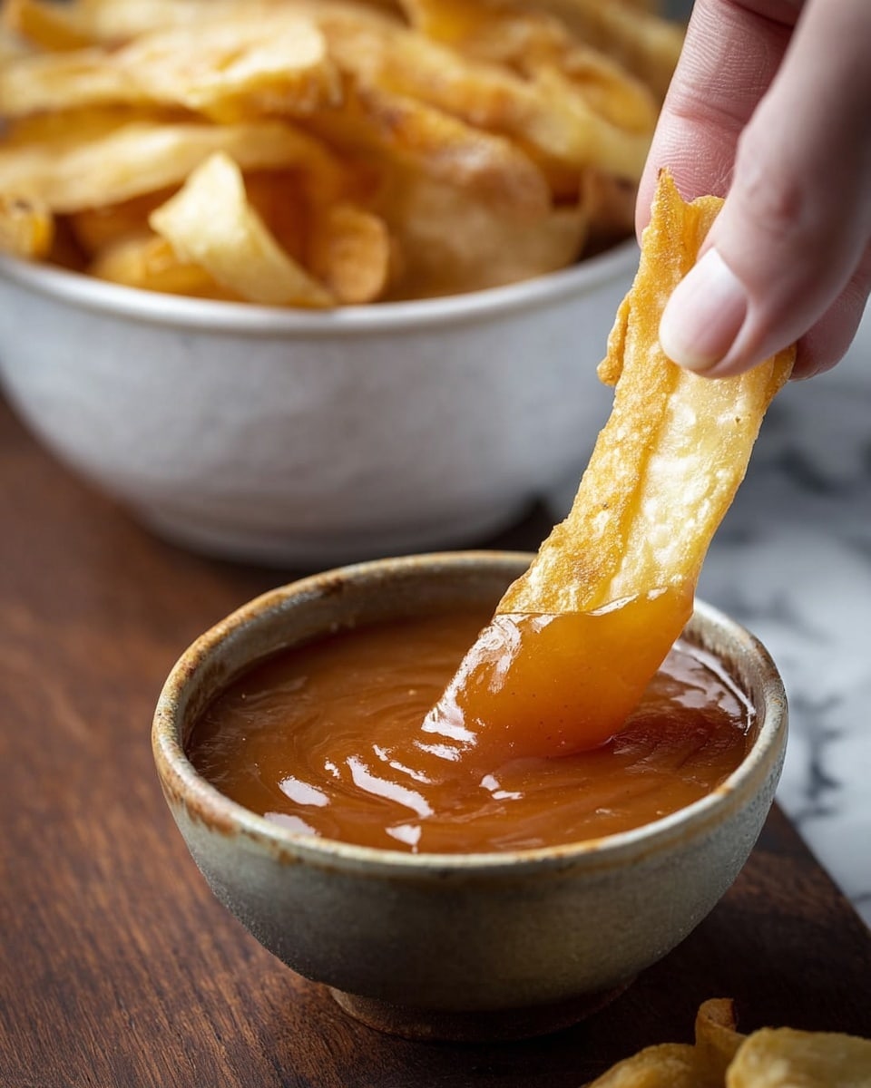A close-up view shows a woman's hand holding a long, crispy, golden chip being dipped into a small rustic gray bowl filled with thick, shiny orange sauce. Behind this, there is a white bowl filled with more golden chips, creating a warm and crunchy look. The whole scene is set on a dark wooden table with a white marbled surface in the background. photo taken with an iphone --ar 4:5 --v 7
