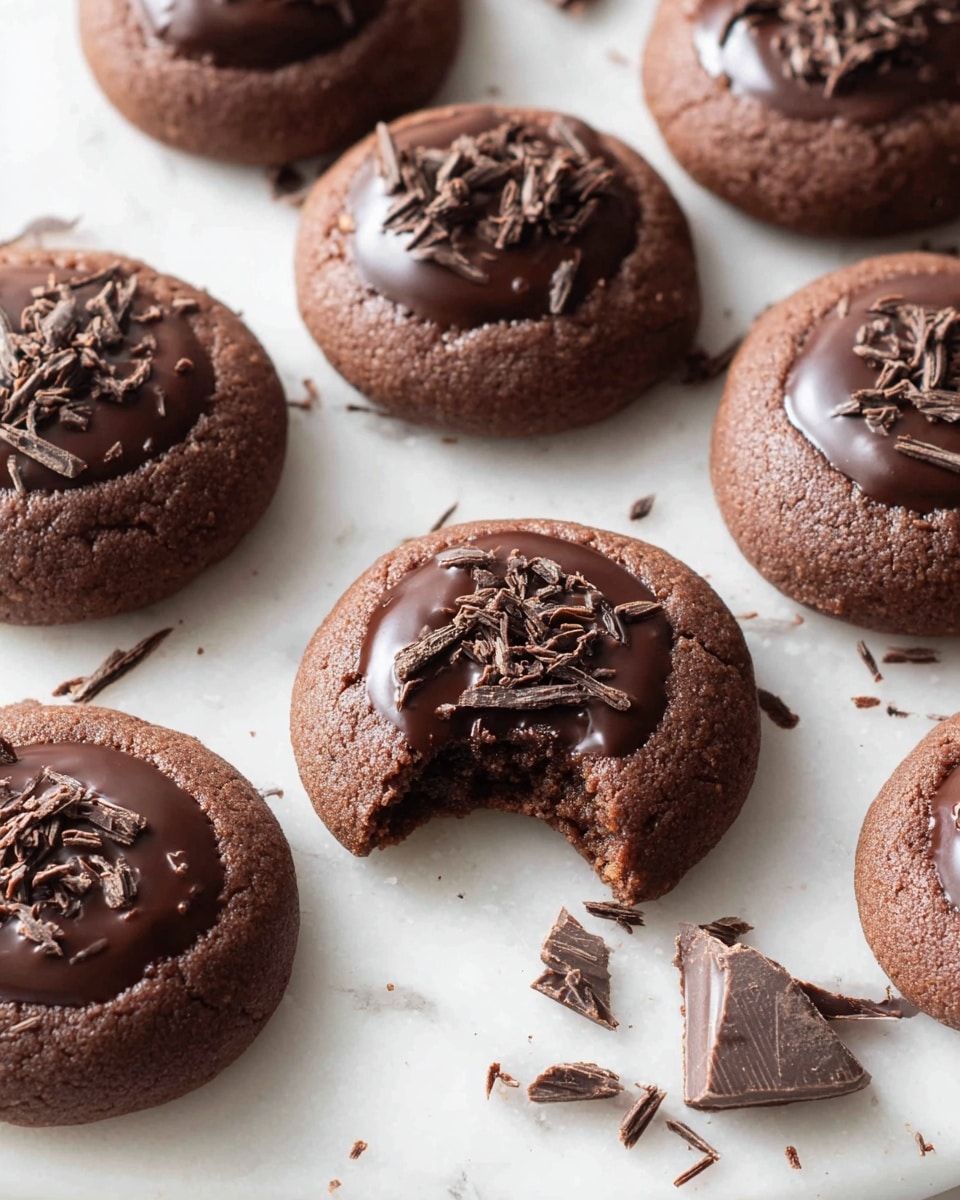 There are seven round chocolate cookies placed on a white marbled surface. Each cookie has a smooth, dark chocolate center topped with small chocolate shavings, adding a rough texture on top. The cookies are a rich brown color with a soft, slightly raised edge around the glossy chocolate center layer. One cookie near the top is bitten into, showing its dense, dark inside. Some chocolate pieces are scattered on the surface around the cookies. The lighting makes the chocolate look shiny and fresh. photo taken with an iphone --ar 4:5 --v 7