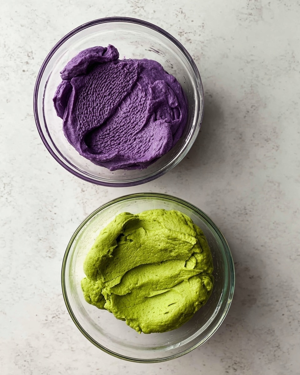 Two clear glass bowls are placed on a white marbled surface, each filled with a single colorful dough. The top bowl contains a thick, smooth dough of deep purple color, shown with a textured scoop mark in the center. The bottom bowl holds a dough of bright green shade, also with a scoop mark creating three distinct impressions on the surface. Both doughs look soft and slightly firm, and no other items are visible around them. Photo taken with an iphone --ar 4:5 --v 7