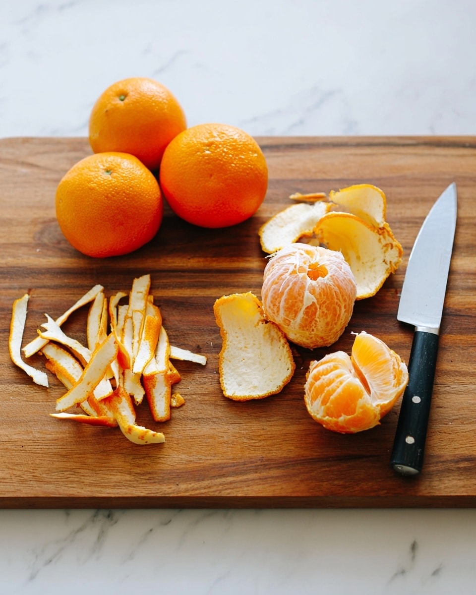 The image shows a wooden chopping board on a white marbled surface with several peeled and unpeeled oranges. On the left side, there is a small pile of thin orange peels with white inside layers. Near the back, there are three full peeled oranges and one whole orange. To the right, several larger orange peel pieces are scattered. In the front right, a shiny knife with a black handle rests near an orange peel piece with the orange side facing up. Photo taken with an iphone --ar 4:5 --v 7
