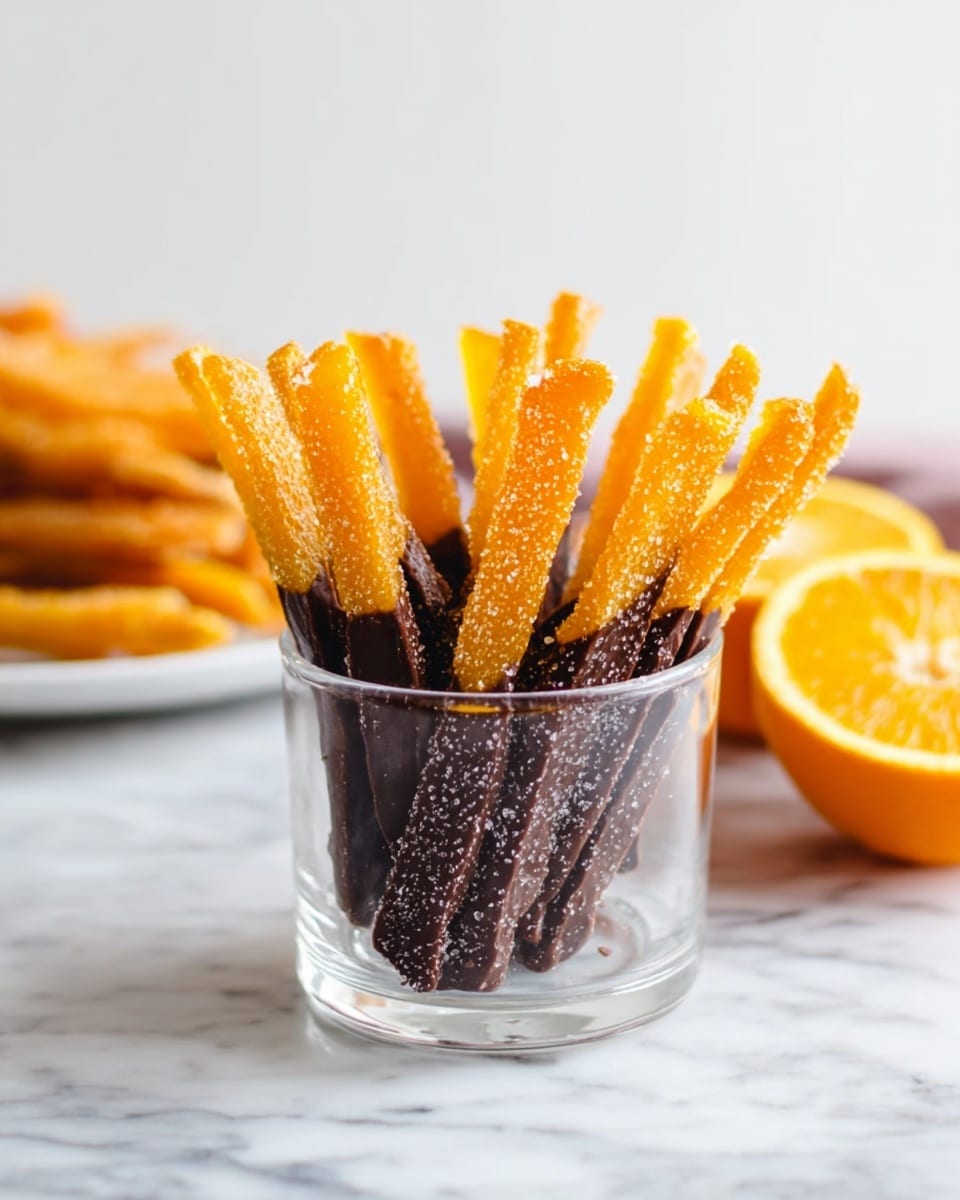 The image shows a clear round glass container filled with orange peel sticks. Each stick has two layers: the bottom part is dark brown and glossy, covered in chocolate, and the top part is bright orange with a sugary texture. These sticks stand upright inside the container. Behind the container, there are two halves of an orange with bright orange skin resting on a white marbled surface. In the background, there is a blurred white plate with more of the same sticks. The photo taken with an iphone --ar 4:5 --v 7