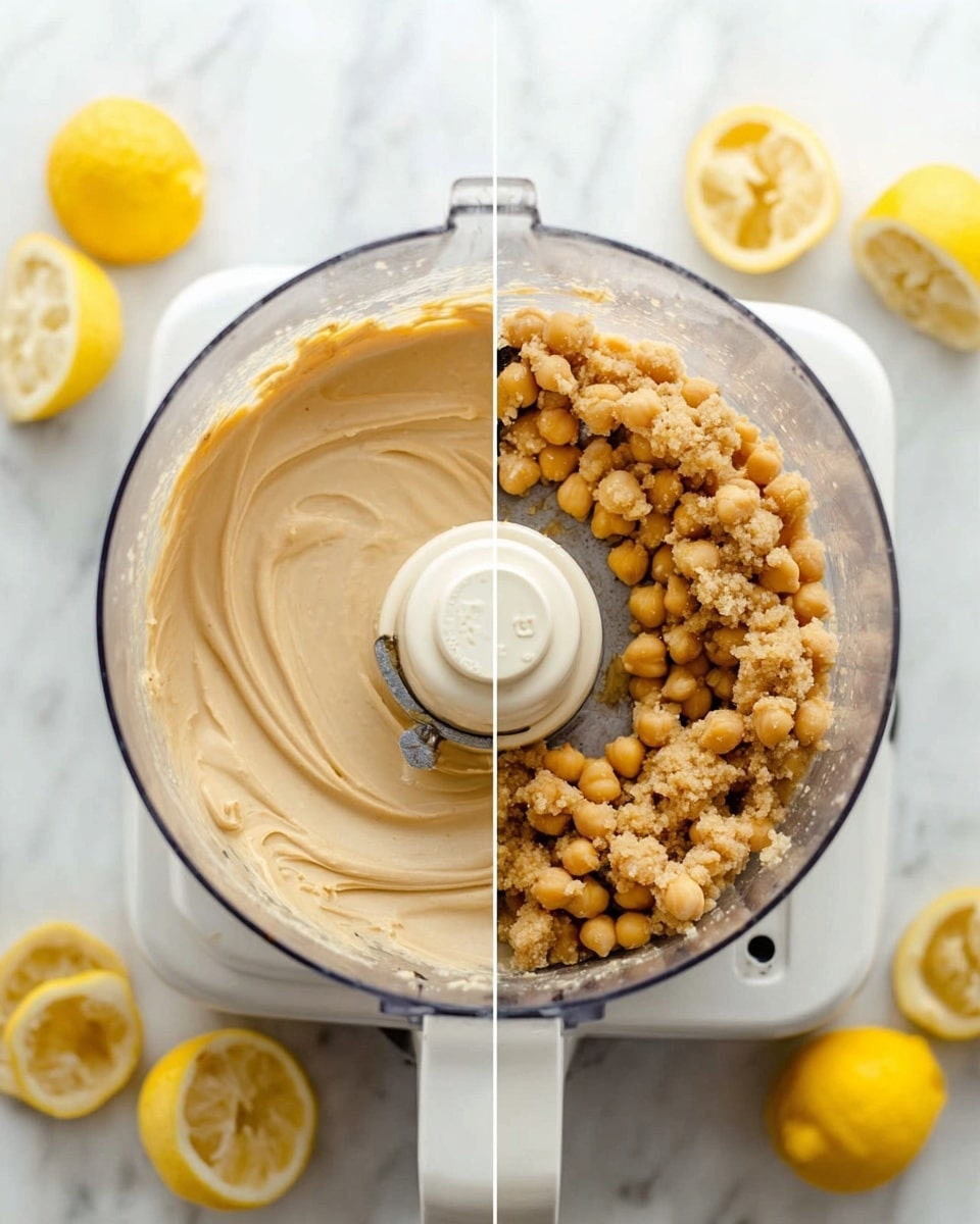 The image shows two close-up views of a white food processor sitting on a white marbled surface. On the left, the processor contains a smooth, thick creamy mixture in a pale beige color, evenly spread around the blade with a soft texture. On the right, the food processor bowl has a chunky layer of light brown chickpeas mixed with a pale liquid base, highlighting a rough texture with the chickpeas sitting on top, and some lemon halves placed around the processor on the white marbled surface. Photo taken with an iphone --ar 4:5 --v 7