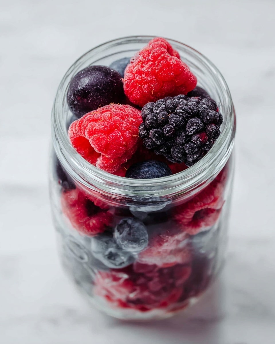 A clear glass jar filled with a mix of frozen berries, showing about three layers of fruit. The top layer has bright red raspberries with a slightly frosty texture and deep blackberries with a shiny, smooth surface. Below are more blueberries and raspberries, their colors blending from red to dark purple, all inside the jar. The jar sits on a white marbled surface, making the vibrant berry colors pop, photo taken with an iphone --ar 4:5 --v 7