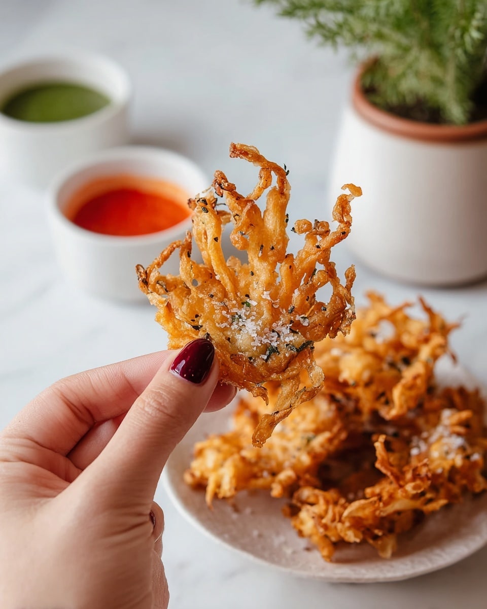 A close-up image shows a woman's hand with dark red nail polish holding a single piece of crispy, golden-brown fried mushroom with long thin strands rising from a thicker base, sprinkled with coarse white salt and tiny black bits. Below, a white bowl holds more of these fried mushrooms. In the background, there are two small white bowls with sauces, one bright red and the other containing a greenish dip, all placed on a white marbled surface. A blurred green plant sits in a white pot nearby. Photo taken with an iphone --ar 4:5 --v 7