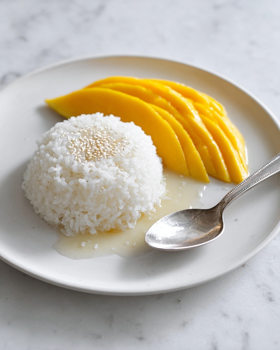 The dish shows a white circular mound of sticky rice topped with small white sesame seeds placed slightly off-center on a white plate. Behind the rice, there are evenly sliced bright yellow mango pieces arranged in a curved line following the plate's edge. A silver spoon rests on the plate’s right side, touching the rice mound with a bit of liquid pooling around its bowl. The plate is set on a white marbled surface, giving a clean and simple look. photo taken with an iphone --ar 4:5 --v 7