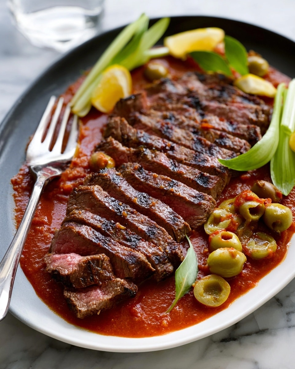 A white plate holds sliced grilled steak arranged in two long rows, each slice showing a juicy, slightly pink center with dark grill marks on top; rich red sauce is spread thickly beneath the steak, covering the plate’s surface. On the sides, there are green celery leaves, sliced green olives stuffed with red pimentos, and small lemon wedges placed for garnish. A silver fork rests on the left side of the plate. The plate sits on a white marbled surface. photo taken with an iphone --ar 4:5 --v 7