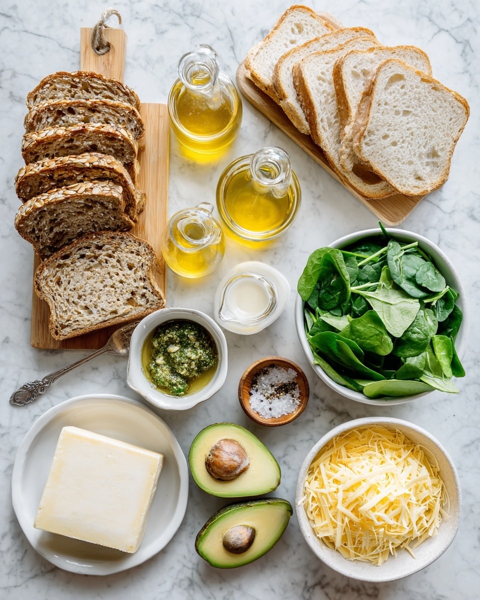 The image shows a top view of various fresh ingredients for a meal arranged on a white marbled surface. On the top left, there are six slices of multi-grain bread stacked on a wooden board, and to the right, six slices of white bread are neatly fanned out on a white plate. In the middle, there are two small glass bottles with light yellow olive oil and clear vinegar, along with a small dish of butter. Below them, a small bowl contains green pesto with a silver spoon, next to a square block of white cheese in a wooden bowl. To the right, a white bowl is full of fresh green spinach leaves. At the bottom left, there are two halved avocados, one with the pit and one without. Near them, a mound of shredded yellow cheese sits on a white plate. Next to the cheese, a small wooden bowl holds coarse salt and pepper. The whole setup has a clean, fresh look, perfect for making a healthy sandwich. Photo taken with an iphone --ar 4:5 --v 7