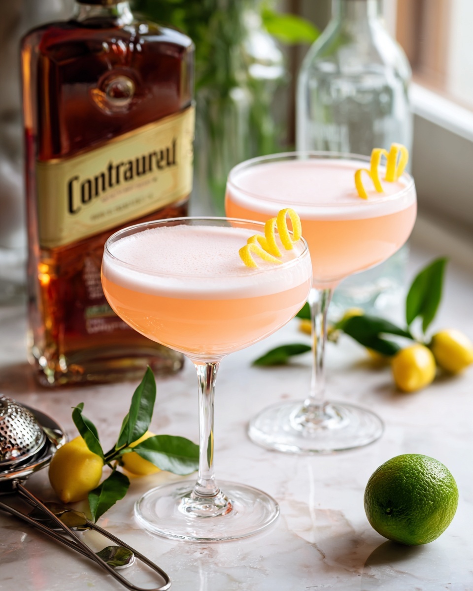 Two glasses filled with light pink drink sit on a white marbled surface. Each glass is a clear coupe with a thin stem, and the drink looks smooth and slightly frothy on top. A twisted yellow lemon peel curls around the edge of each glass, adding a bright touch. Around the glasses, there are small yellow citrus fruits attached to green leaves, giving a fresh feeling. A green lime is placed in a metal juicer near the front left corner. Behind the drinks, there is a large brown bottle labeled