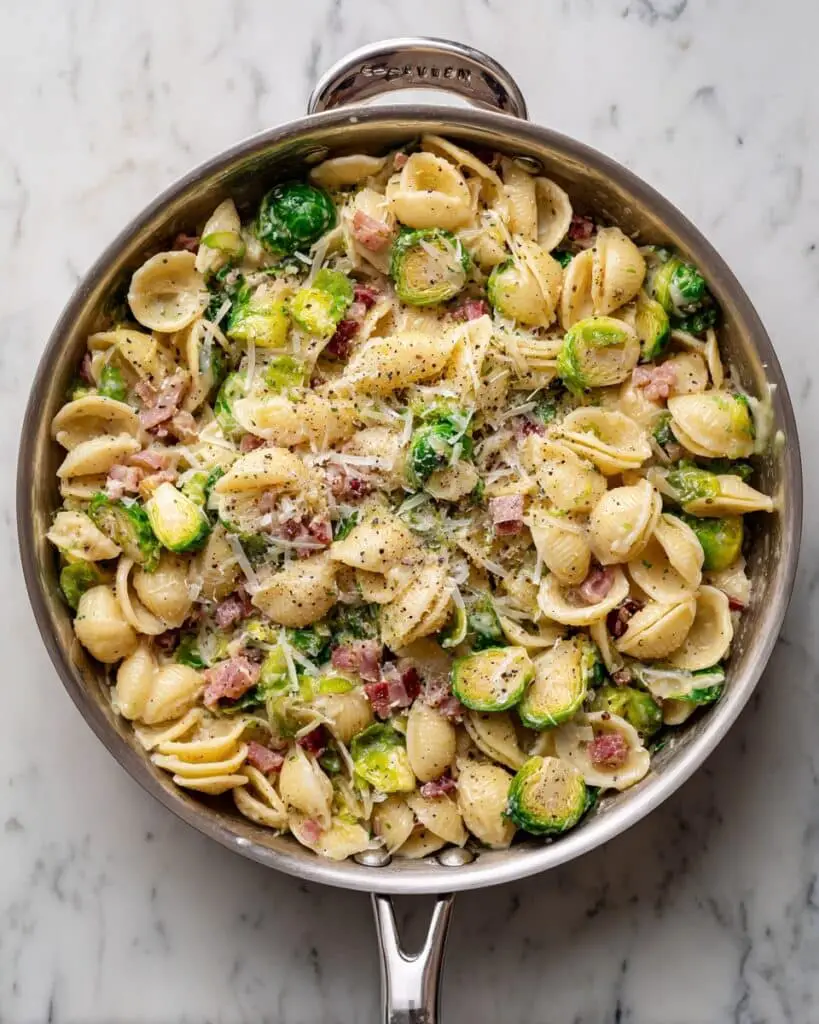 Brussels Sprouts and Bacon Pesto Pasta Recipe