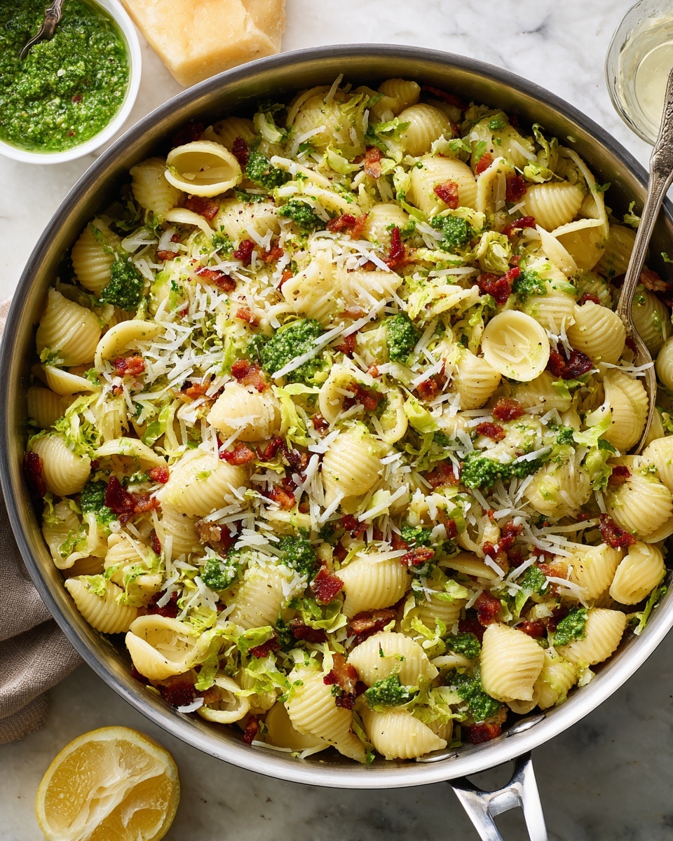 A large metal pan filled with shell pasta mixed closely with sliced green Brussels sprouts, small bits of red cooked bacon, dollops of green pesto, and sprinkled with white shredded cheese. The pasta is creamy yellow, with bright green Brussels sprouts mixed evenly. The red bacon pieces add color contrast, and the green pesto appears in small patches on top. The pan is placed on a white marbled surface with a small bowl of green sauce and a cut lemon in the background. photo taken with an iphone --ar 4:5 --v 7