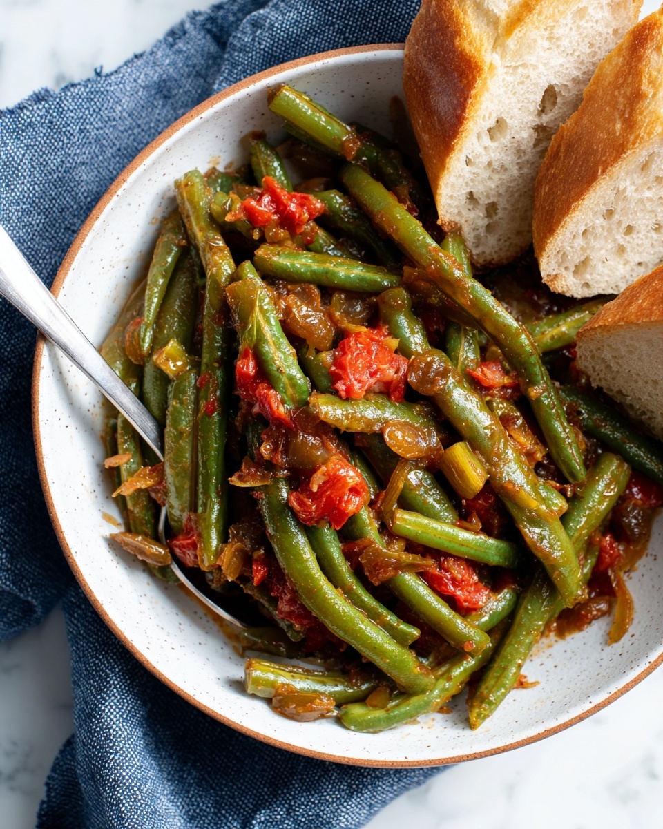 A close-up of a bowl filled with cooked green beans mixed with red tomato pieces and small bits of onions, all coated in a shiny sauce. The bowl is white with a light speckled pattern and a thin brown rim. It sits on a white marbled surface with a blue-gray cloth partially under it. Around the bowl, there are several slices of bread with visible raisins inside. A metallic spoon rests on the edge of the bowl. The scene looks fresh and inviting, showing the vibrant green, red, and brown colors clearly photo taken with an iphone --ar 4:5 --v 7