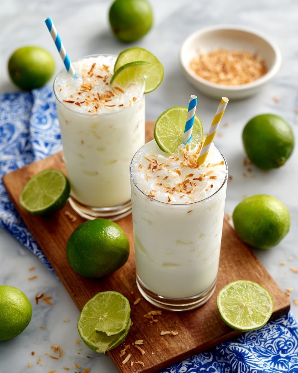 Two glasses filled with a white, frothy drink topped with small brown toasted flakes and thin lime slices; one glass has a blue and white striped straw, the other a yellow and white striped straw. The glasses sit on a wooden board surrounded by whole and sliced green limes scattered on a white marbled surface. A small white bowl with toasted flakes is in the upper part of the image. There is a folded blue and white patterned cloth under the board and on the surface around it. Photo taken with an iphone --ar 4:5 --v 7