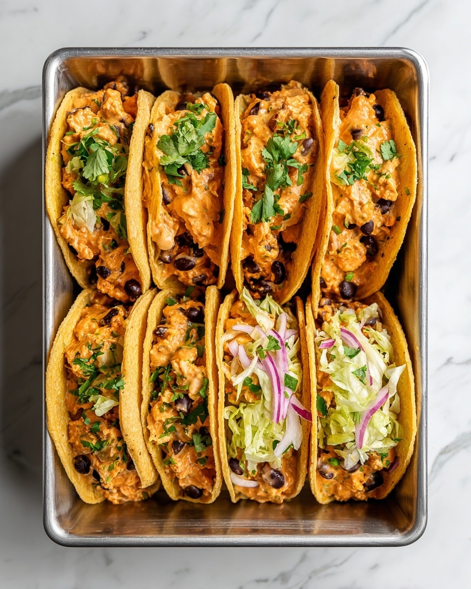 The image shows six tacos arranged side by side in a metal tray on a white marbled surface. Each taco has two slightly crispy, yellow corn shells filled mostly with a smooth, light orange sauce mixed with small pieces of light-colored chicken and scattered black beans. On the right side of the tray, some tacos are topped with thin strips of pale green lettuce, thin slices of red onion, and small pieces of fresh green cilantro that add a fresh contrast to the warm sauce and filling. The overall look is colorful and layered, with a mix of creamy, soft, and crunchy textures visible. Photo taken with an iphone --ar 4:5 --v 7