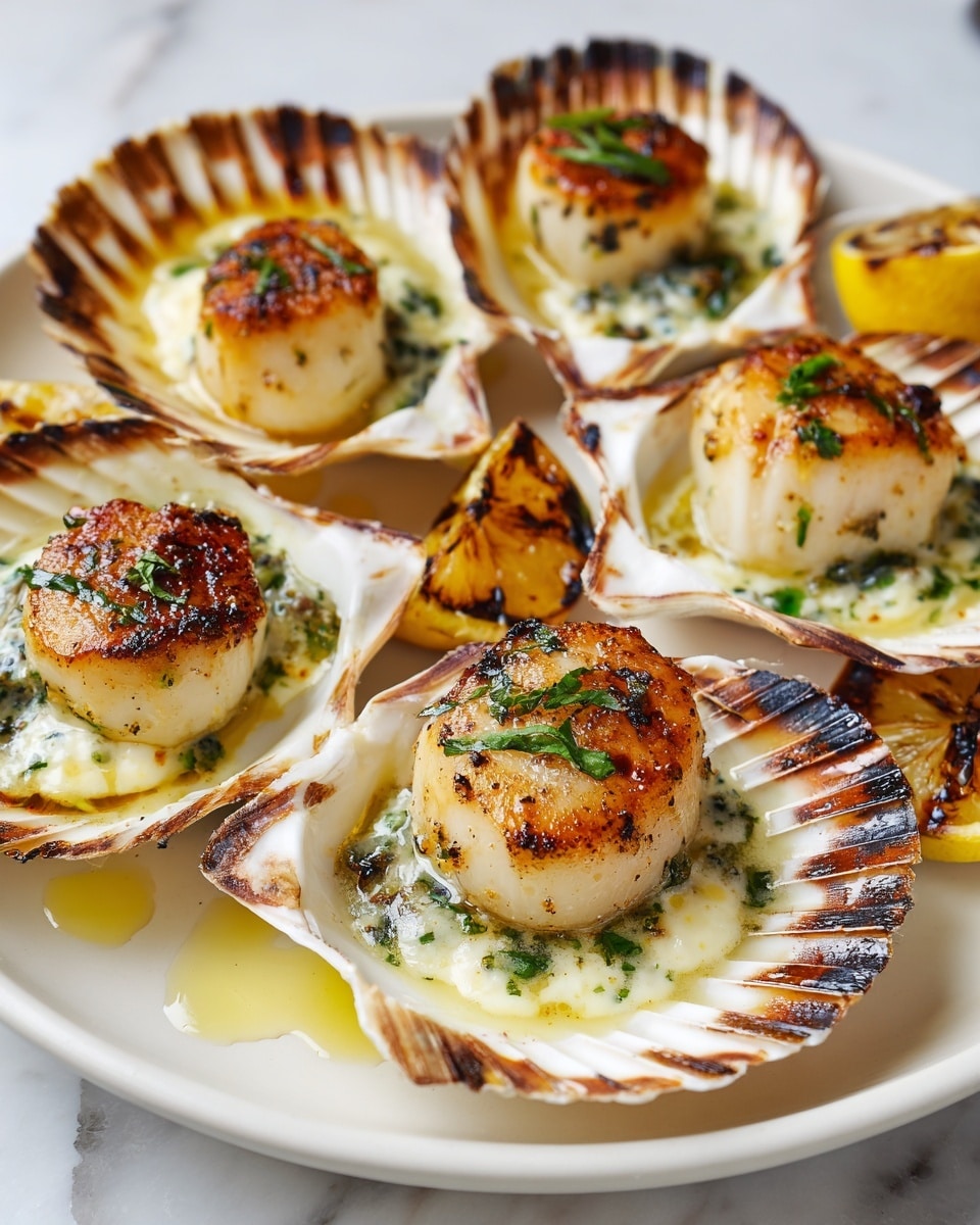 The image shows six scallops served in their shells on a large white plate placed on a white marbled surface. Each scallop is creamy white and sits in the middle of a shell that is golden brown and slightly charred around the edges, with a butter sauce mixed with finely chopped green herbs spread around the scallop inside the shell. There are three small pieces of grilled lemon with dark grill marks on the plate near the scallops. A few drops of the butter sauce are also on the plate around the shells. The photo taken with an iphone --ar 4:5 --v 7