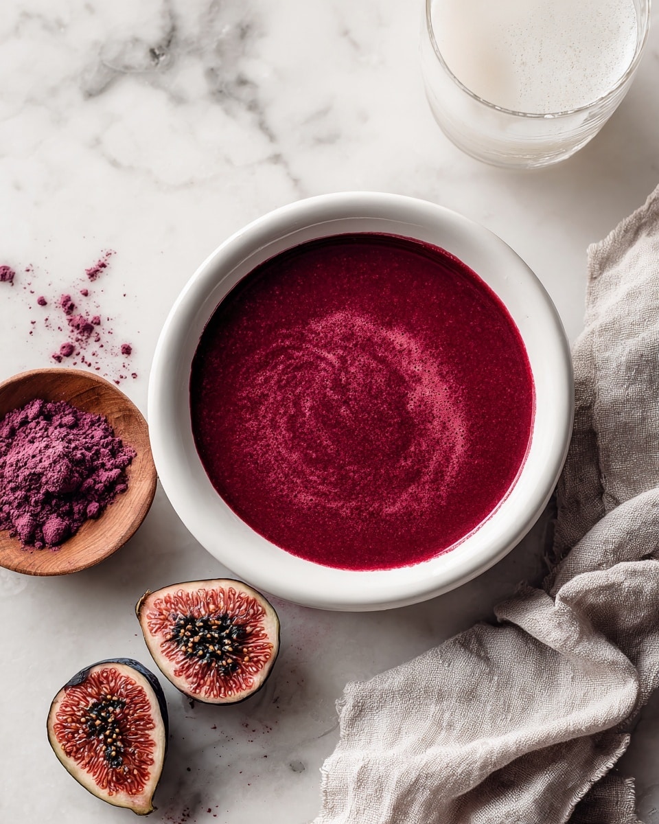 A white bowl sits in the center filled with a smooth, deep red soup that has a velvety texture. To the left of the bowl is a small wooden bowl containing bright purple powder. Near the bottom right edge of the white bowl, two pieces of purple dried fruit with black seeds are partially visible. On the right side, there is a wrinkled light gray cloth casually placed on a white marbled surface. Above the cloth, a tall glass with white contents can be seen out of focus. Photo taken with an iphone --ar 4:5 --v 7
