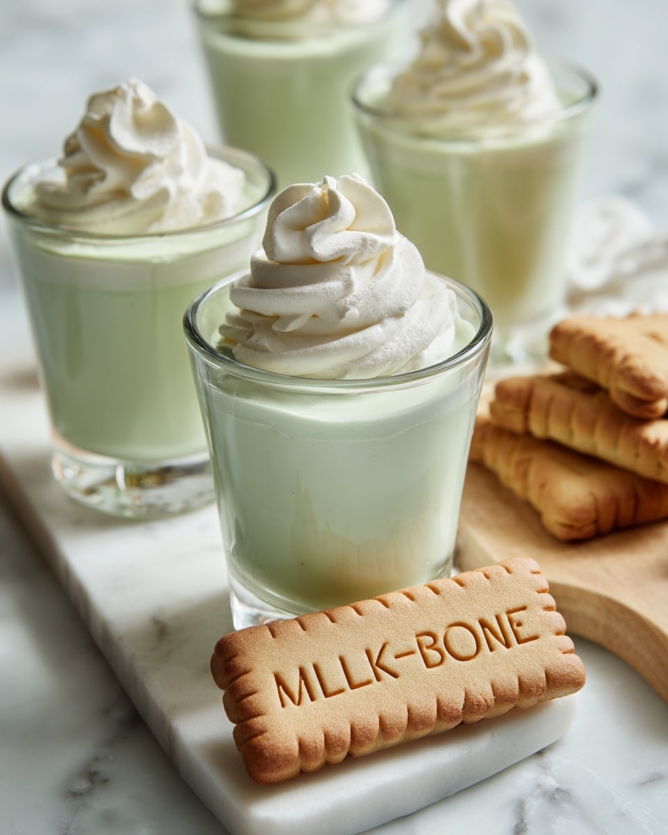 The image shows a close-up of a small clear glass filled with a pale green creamy pudding, topped with a soft, white whipped cream swirl. In front of the glass, a light brown rectangular cookie with the word