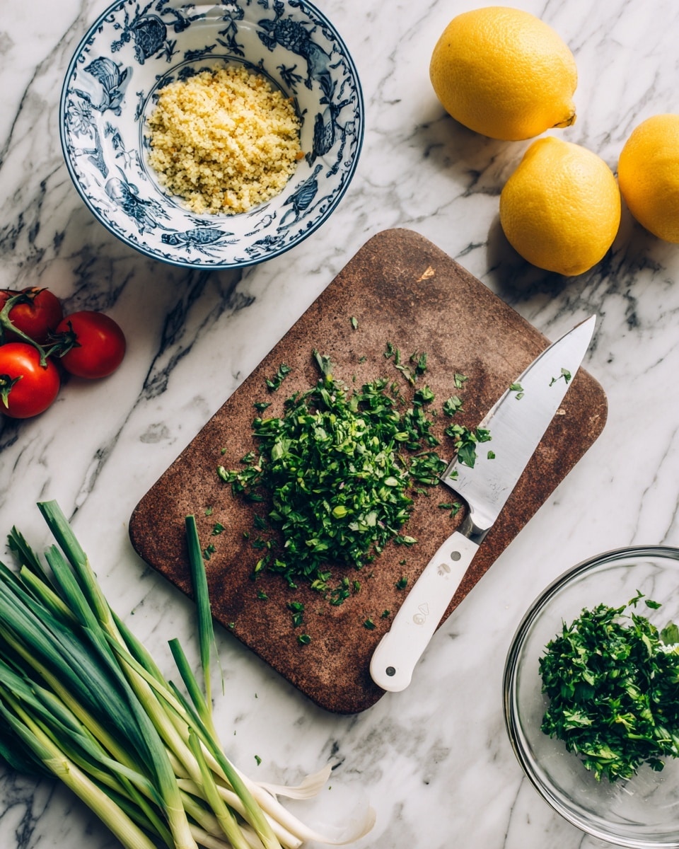 A white marbled surface holds a brown cutting board with finely chopped green herbs spread in the center, next to a large knife with a white handle also on the board. To the left, there are fresh green stalks with leaves, two whole yellow lemons, and two red tomatoes. At the far left, a white bowl with blue patterns contains a light yellow grainy substance. On the right, there is a clear glass bowl partially filled with more chopped green herbs. The scene is bright and clean. Photo taken with an iphone --ar 4:5 --v 7
