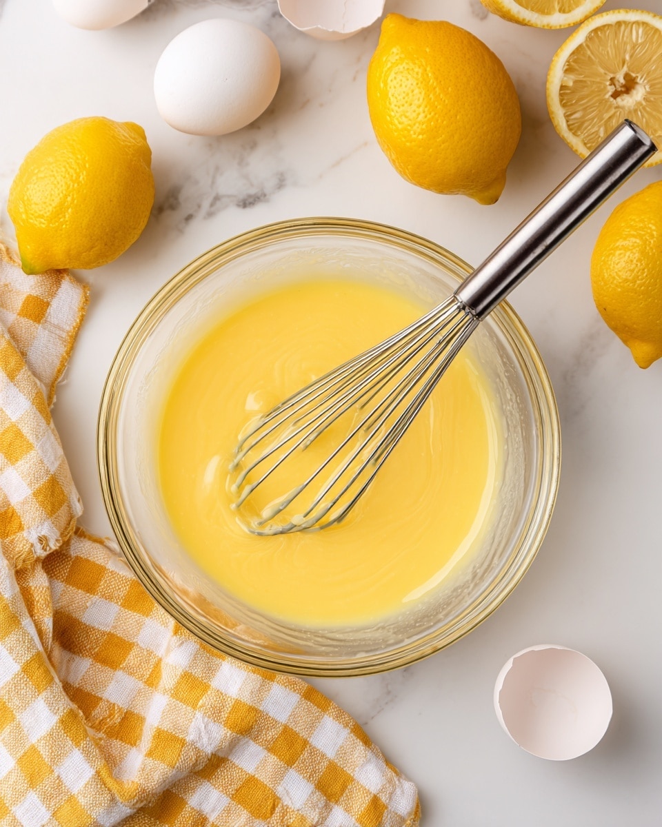 A clear glass bowl holds smooth yellow lemon mixture being whisked with a metal whisk, with the whisk resting inside the bowl. The bowl sits on a white marbled surface with three white empty eggshells to the upper right and two whole bright yellow lemons with one lemon half to the upper left. A yellow and white checkered cloth is partially visible at the bottom left corner. Photo taken with an iphone --ar 4:5 --v 7