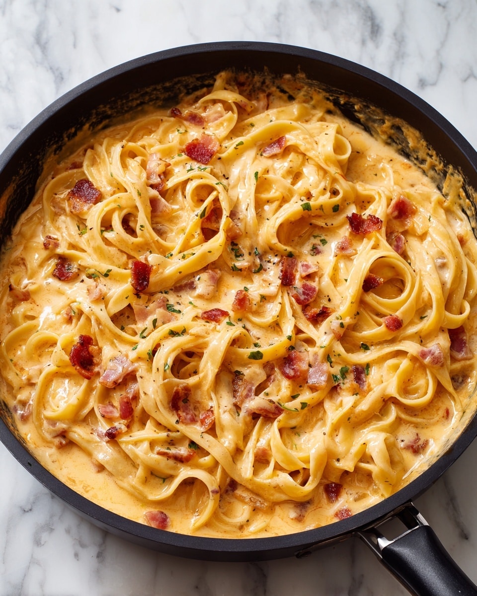 A black pan filled with creamy pasta showing two main layers, starting with flat, wide noodles that are pale yellow and twisted all over, covered by a rich, light orange creamy sauce mixed evenly throughout. Small bits of darker red and pink, likely pieces of diced onion or bacon, are scattered inside the sauce, adding tiny spots of color and texture contrast. The pan rests on a white marbled surface with a clean and simple look. Photo taken with an iphone --ar 4:5 --v 7