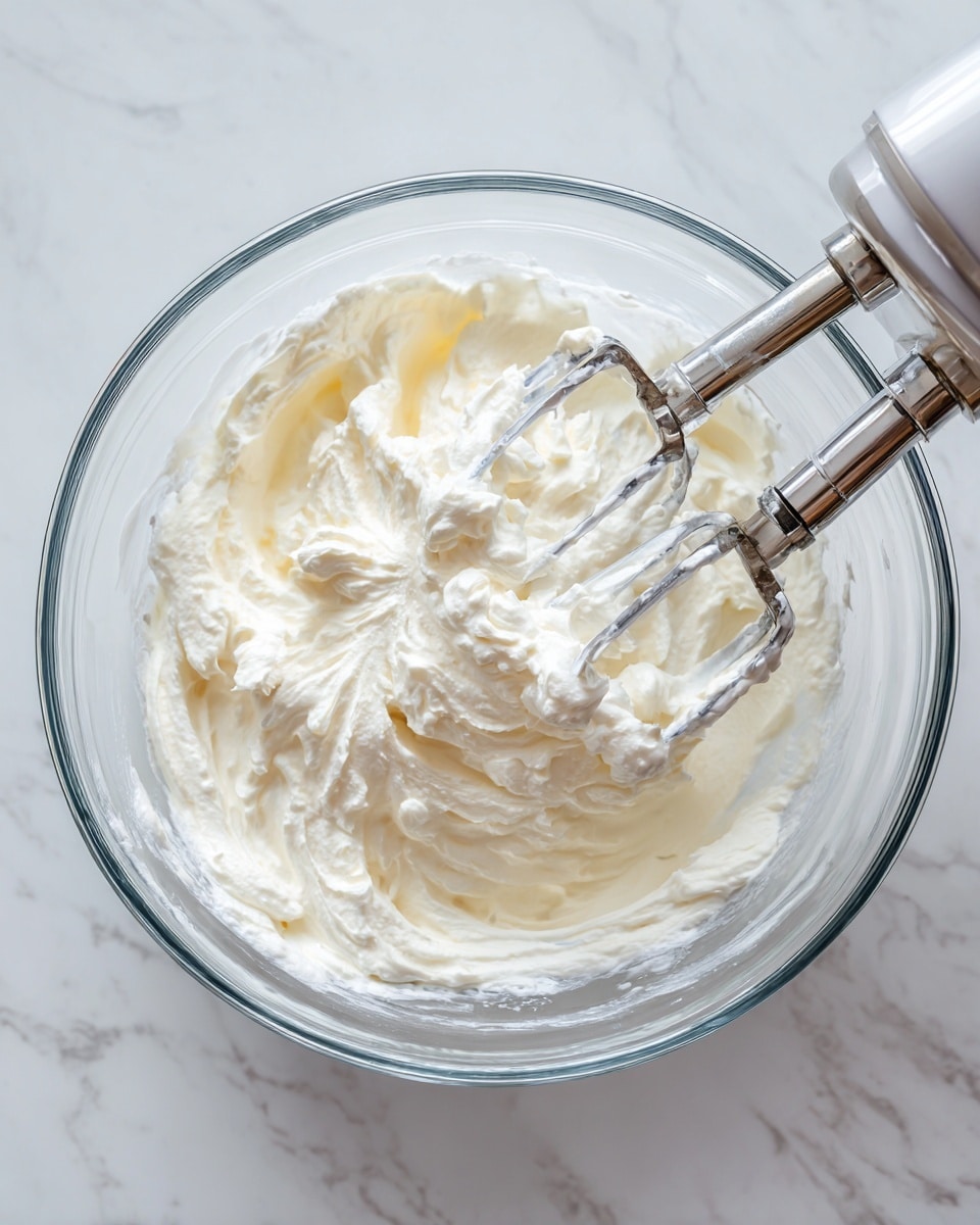 A clear glass bowl filled with soft, fluffy white cream being mixed by a hand mixer with silver beaters inside. The cream has a light, whipped texture with some peaks and folds visible. The background is a white marbled surface. photo taken with an iphone --ar 4:5 --v 7