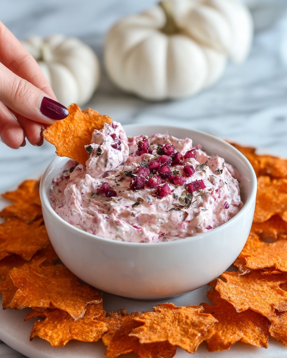 A white bowl sits on a white marbled surface filled with a thick, creamy pink dip mixed with small chunks of red and dark purple bits. The dip surface shows some tiny fresh red pieces sprinkled on top as garnish. Around the bowl, there are many flat orange leaf-shaped chips stacked and spread out. A woman's hand with dark red nail polish holds one of the leaf-shaped chips dipping it into the pink dip, some of the dip clinging to the chip. In the blurred background, there are white pumpkins adding a soft autumn feel. Photo taken with an iphone --ar 4:5 --v 7