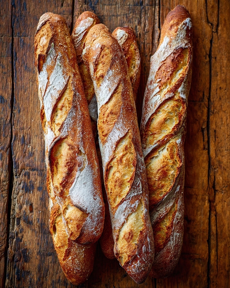Four long baguettes with a golden-brown crust and light dusting of flour sit together, showing a textured and crispy surface with irregular browning spots. The baguettes are resting on a wooden surface with visible grain and cracks. The bread has a crunchy, rustic look with some parts darker and others lighter, highlighting the airy and soft inside under the crust. photo taken with an iphone --ar 4:5 --v 7