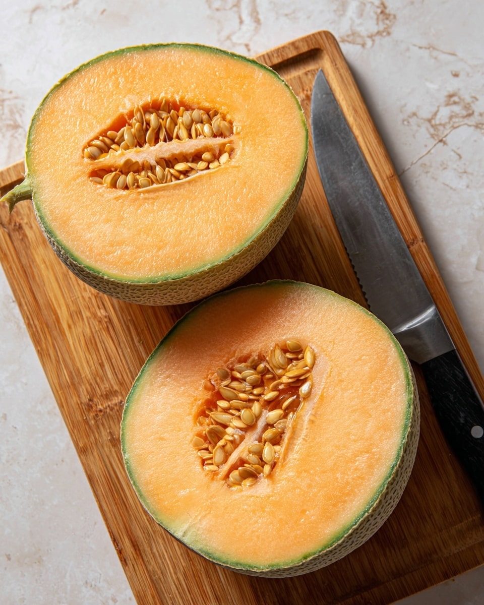 The image shows a cantaloupe melon cut into two halves placed on a wooden cutting board. Each half reveals the orange flesh inside with a cluster of light tan seeds in the center, surrounded by smooth, slightly textured skin that is greenish-yellow on the outside. One half is positioned to the left, while the other is on the right, with a black knife placed beside the right half on the cutting board. The background is a white marbled texture. Photo taken with an iphone --ar 4:5 --v 7